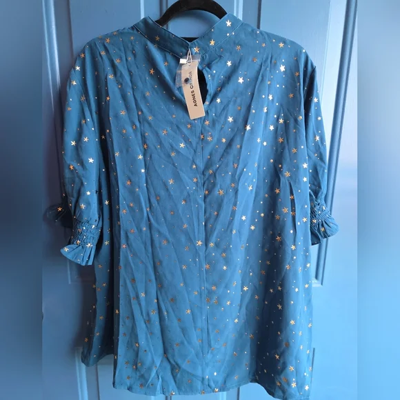 Teal Ruffle Sleeve Women's Top With Gold Stars Size 2X - Picture 3 of 10